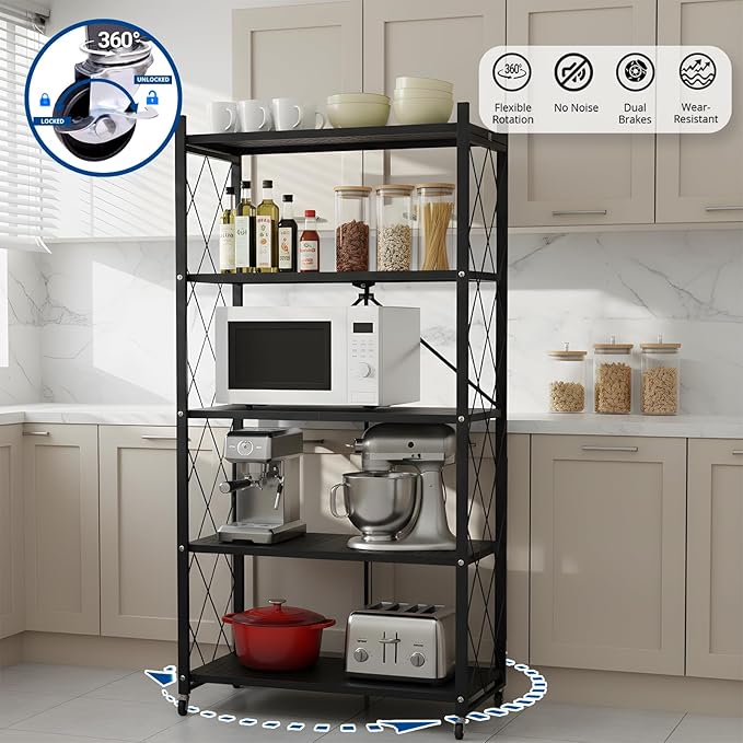 5 Tier Foldable Storage Shelf with Wheels, Heavy-Duty Metal Shelving Unit, No Assembly Book Shelf Rolling Storage Rack for Garage, Kitchen, Pantry, Closet, Exhibition, Office Decor, Black
