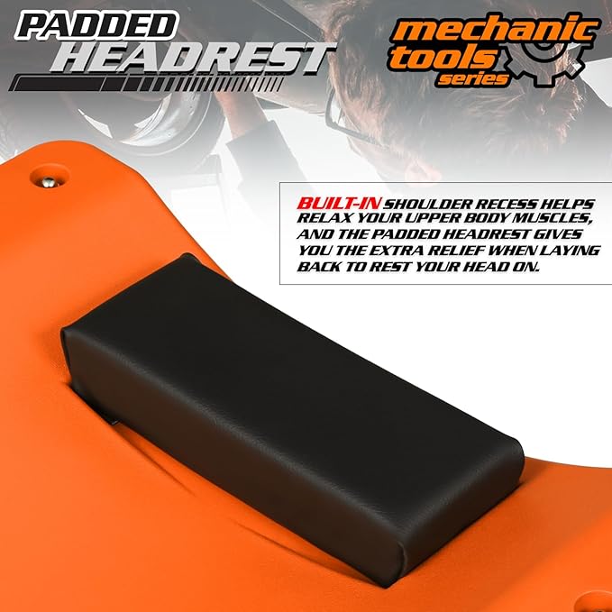 M-AUTO 36" Mechanic Rolling Garage Creeper with Padded Headrest Light Weight Automotive Creeper Mechanic Cart with Dual Tool Trays and Noiseless Casters, Orange