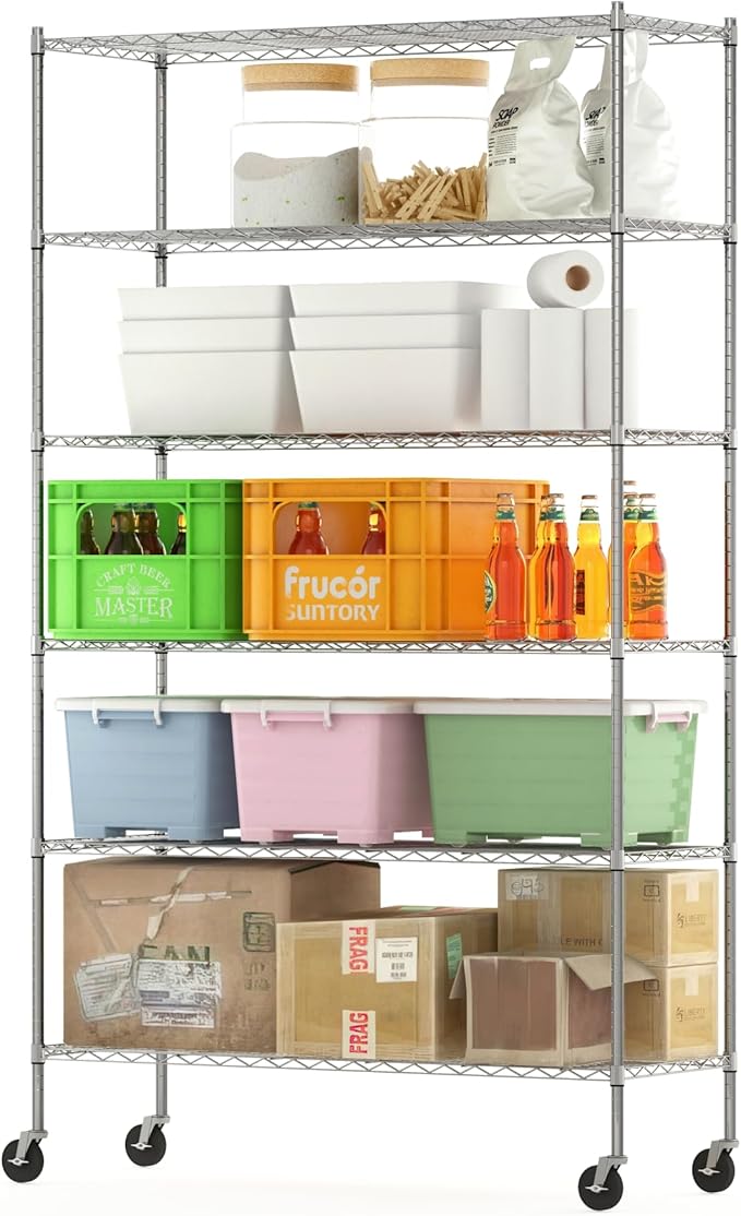 Furinno Wayar Metal Storage Shelf Rack, 6 Tiers, 48-Inch Taller, Stainless Steel