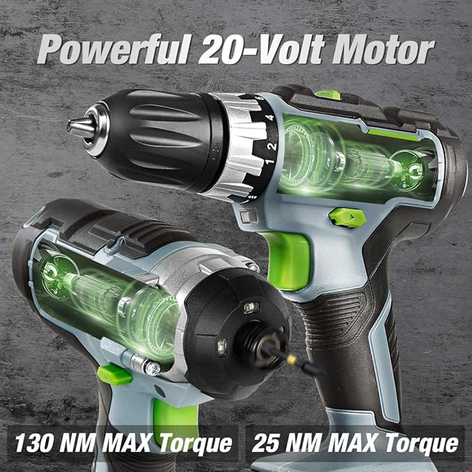 WORKPRO 20V Cordless Drill Combo Kit, Drill Driver and Impact Driver with 2x 2.0Ah Batteries and 1 Hour Fast Charger