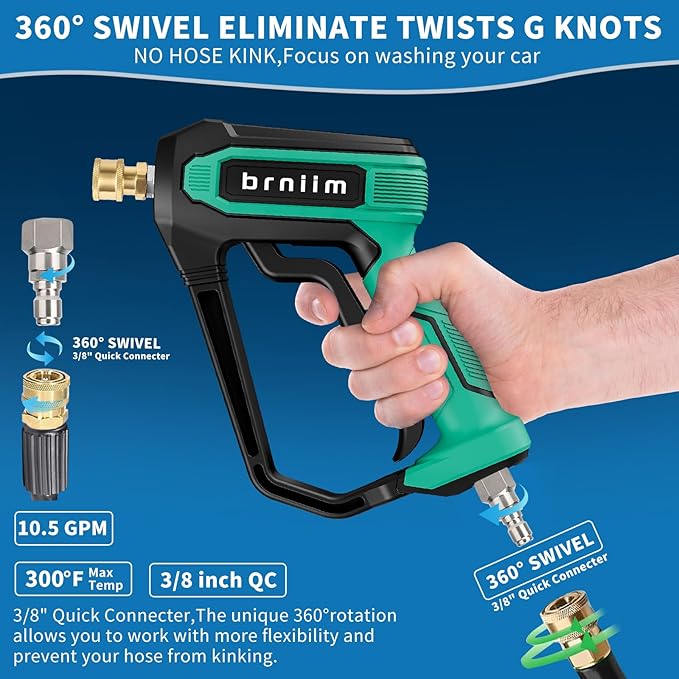 Short Pressure Washer Gun Pro - 5000 PSI/10.5 GPM Heavy-Duty Power Washer Gun w/ 5 Nozzles & 360° Anti-Kink Swivel-3/8 & 1/4" Quick Connect Compatible Foam Cannon/Dual Connecto/Car Wash Kit