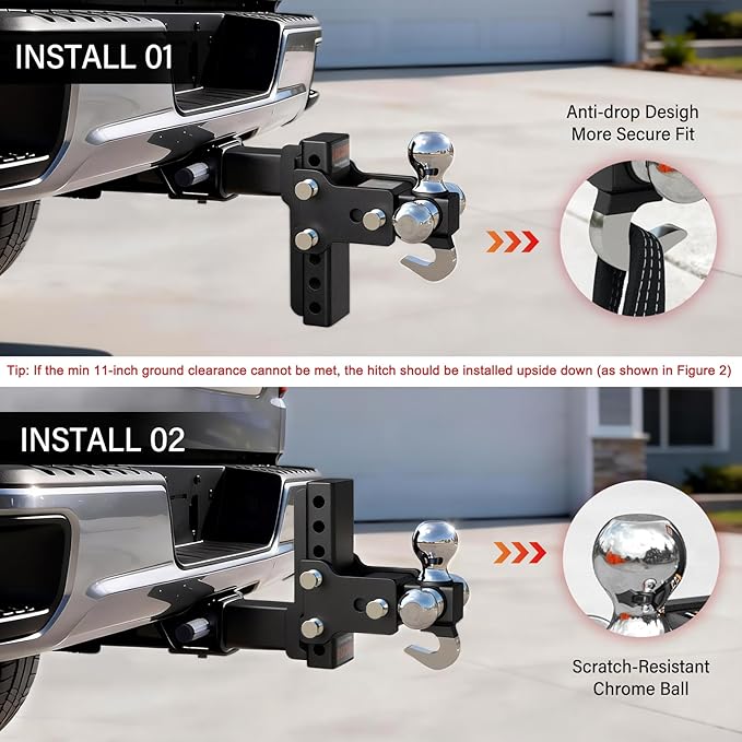 ORCISH Adjustable Rotating Trailer Hitch, 4-in-1 Tri-Ball & Tow Hook, 360° Swivel Ball Mount, 2.5" Receiver with 5" Drop/Rise, Ball Sizes: 1-7/8", 2", 2-5/16", Anti-Theft Lock, Fits Truck SUV RV