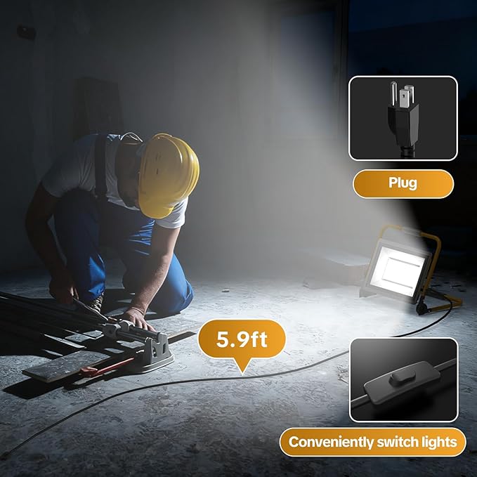 AIKVSXER 7200LM Led Work Light, 60W 6000K Portable Flood Light with 5.9FT Cord & Switch, IP66 Waterproof Worklight for Indoor Outdoor Job Site Repairing Garage Workshop, Gifts for Man
