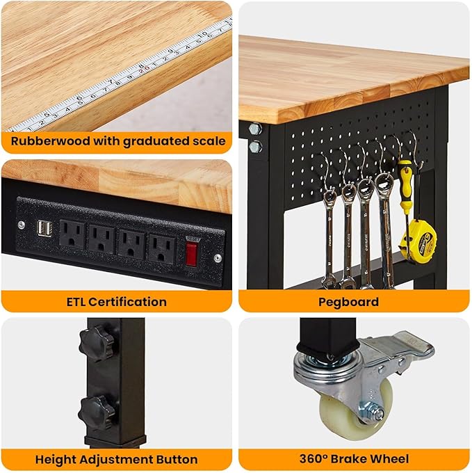 70" Heavy Duty Adjustable Workbench, 2000 LBS Capacity Sit Stand Workstation with Power Outlet, Pegboard & Wheels | Rubber Wood Top Garage Table with Stick-on Ruler