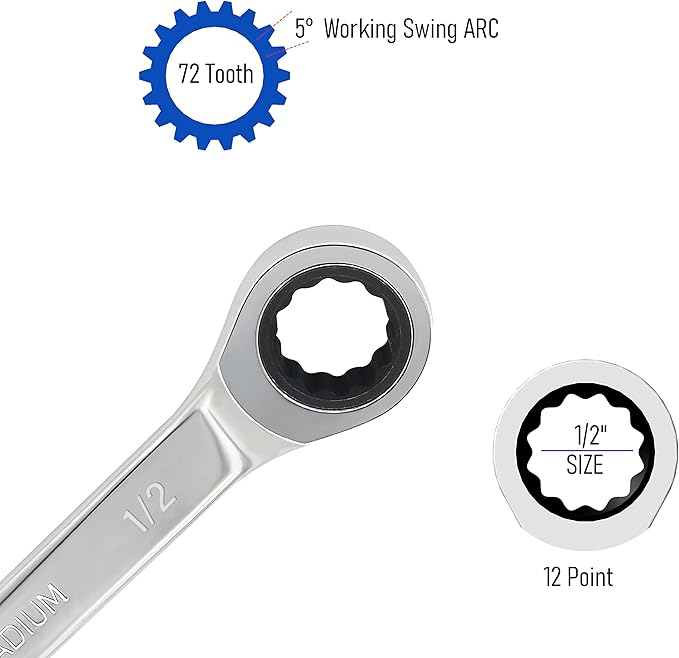 1/2 Inch Ratcheting Combination Wrench SAE 72 Teeth 12 Point Ratchet Box Ended and Open End Spanner Tools for Tight Space, Heat-Treated CR-V