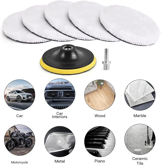 7 Pcs 6 Inch (150 mm) Wool Polishing Buffing Pad Car Polisher Buffer Drill Attachment with M14 Drill Adapter
