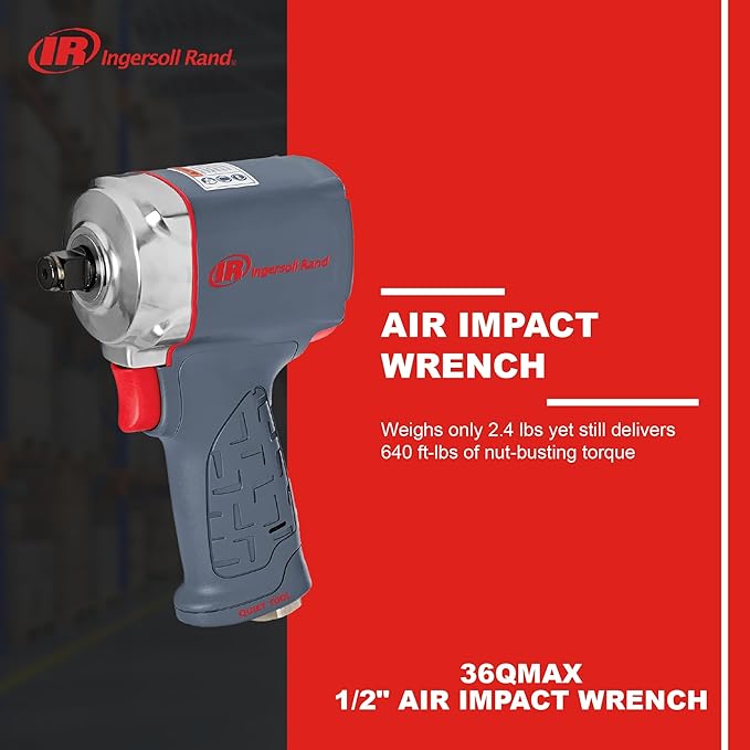 Ingersoll Rand 36QMAX 1/2 Air Impact Wrench, Quiet Technology, Torque Output Up to 640 ft lbs, Ultra Compact, Lightweight 2.4 lbs, Max Control, Gray
