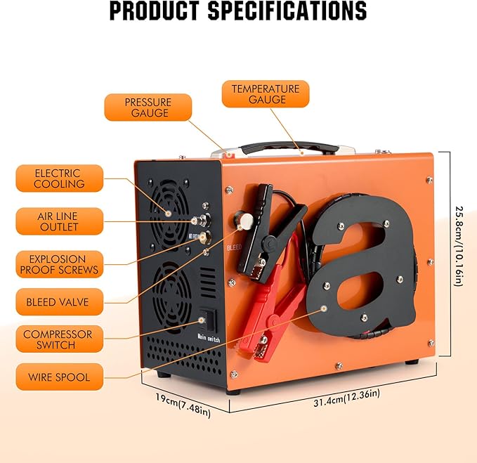 PCP Air Compressor with Atuo Shut-Off, Portable 4500Psi/30Mpa, Water/Oil-Free, One Button Start, Bursting Disc, 12V DC/120V AC PCP Airgun Compressor, Rifle/Pistol and Paintball Tank Air Pump (Orange)