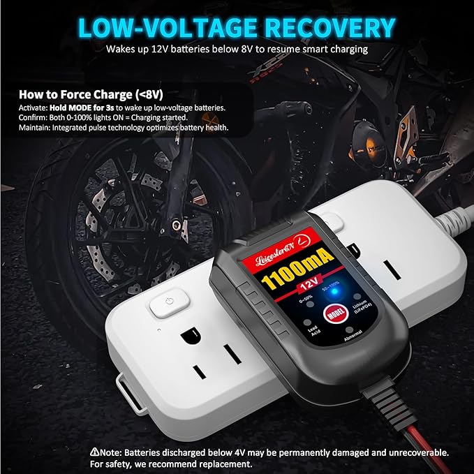 4 Pack Motorcycle Battery Charger 12V 1.1Amp, Smart Trickle Charger and Maintainer - Automatic Float Charger for Cruiser Sport Bike ATV Scooter Dirt Bike Lawn Mower, LiFePO4 Lead Acid AGM Gel