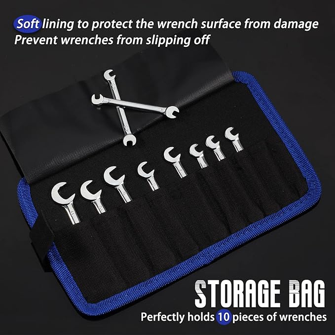Mini Double Open End Wrench Set Metric 10 Pcs 4mm to 11mm with Portable Storage Pouches Mirror Chrome Finish Super Thin Open Ended Spanner Double Angle Head for Small Fasteners