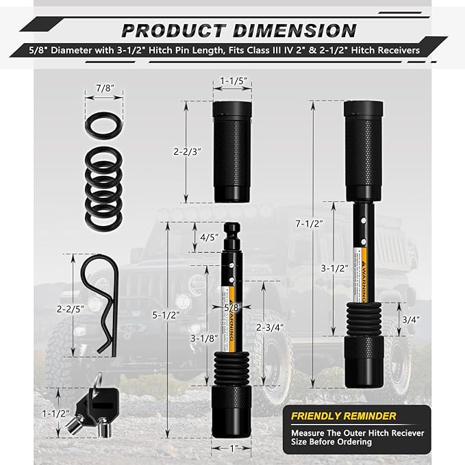 AUTMATCH Trailer Hitch Lock 5/8" - 3-1/2" Extra Long Span & Anti-Theft Hitch Locking Pin, Fits Class III IV 2"-2.5" Receivers, Heavy Duty Towing Lock Pin for Jeep, Trailer, Truck, RV, Bike, Black
