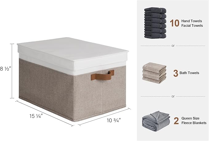 StorageWorks Storage Bins with Lids, Decorative Storage Boxes with Lid and PU Handles, Foldable Storage Baskets for Closet, Shelves, Stackable, Brown and White, 3-Pack