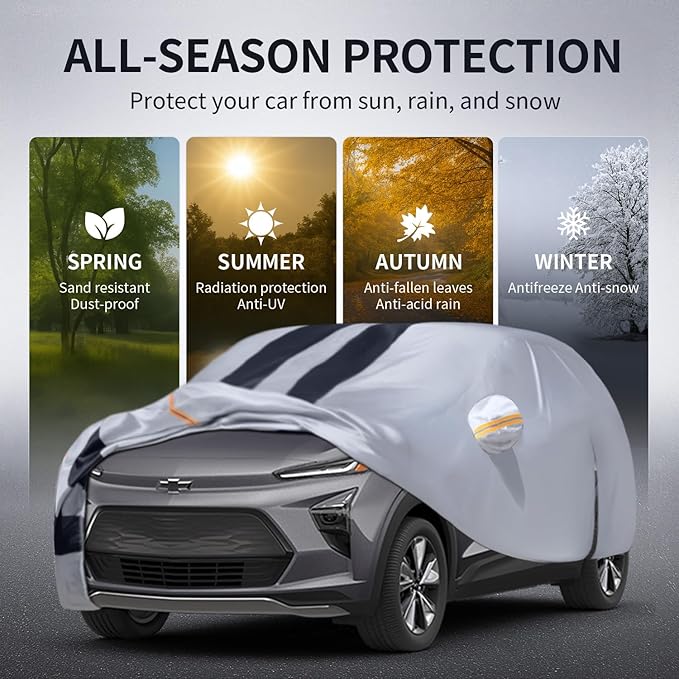 Multi-Layer Car Cover Custom Fit for Chevrolet Bolt EV(2016-2026), 100% Waterproof All Weather for Automobiles, Gift with Towel, Heavy Duty Car Covers for Rain Sun UV Protection with Door Zipper