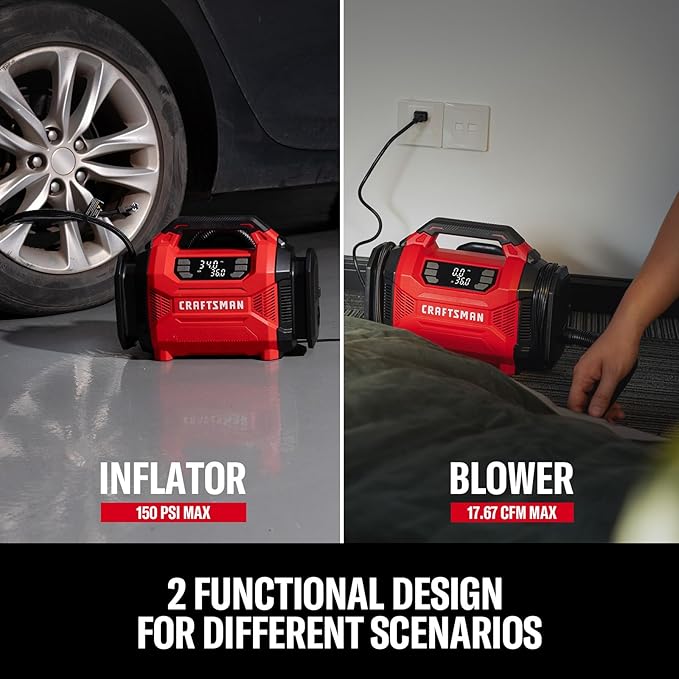 CRAFTSMAN Dual Power Tire Inflator Portable Air Compressor, 12V DC Car Plug & 120V AC Home Use, Up to 150 PSI with Digital Gauge & Auto Shut-Off, LED Light, Air Pump for Cars, Bikes & Inflatables
