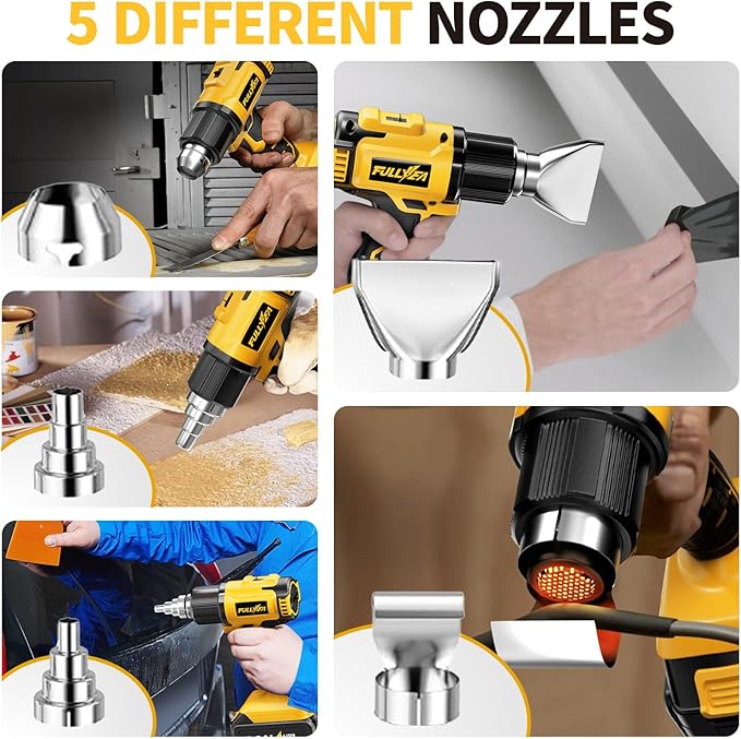 FULLYEA Cordless Heat Gun, 300℃-550℃ Fast Heating Gun Kit, 2 Temperature Setting Cordless Heater, Hot Air Gun with 2*4.0Ah Batteries & 5 Types Nozzles, Heat Guns for Shrink Tubing, Crafting (Yellow)