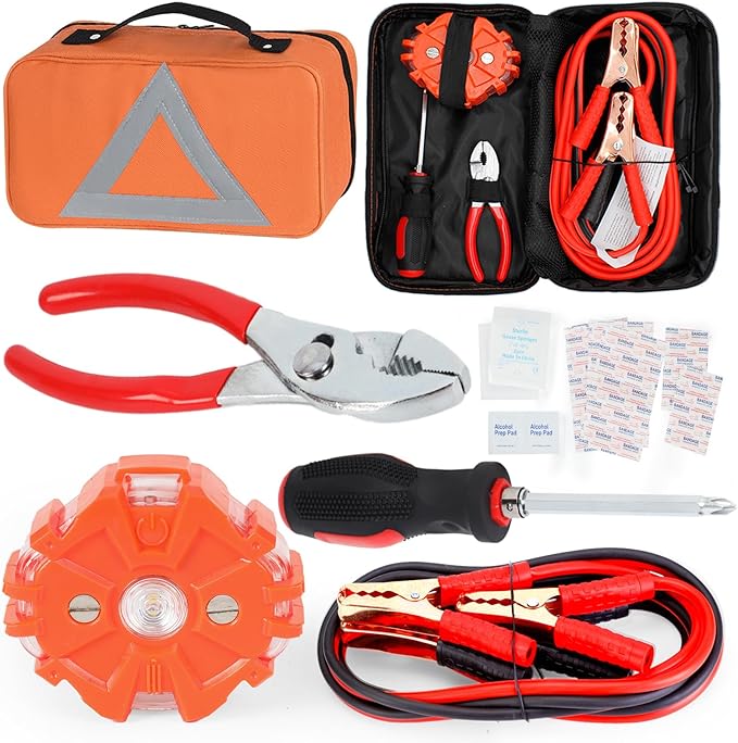 Car Safety Kit, NOONE Multifunctional Roadside Assistance Emergency Kits - First Aid Kit, Jumper Cables, LED Warning Light, Orange Strong Bag, Tools