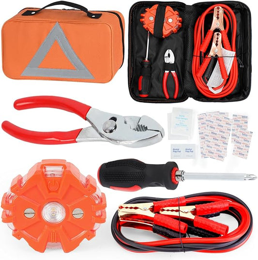 Car Safety Kit, NOONE Multifunctional Roadside Assistance Emergency Kits - First Aid Kit, Jumper Cables, LED Warning Light, Orange Strong Bag, Tools