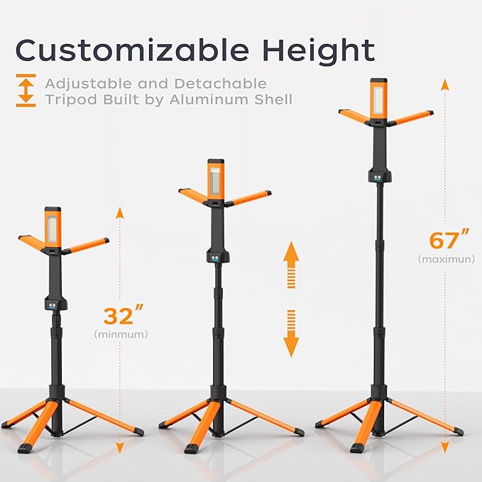 Rechargeable LED Work Light with Stand, 67" Tall Portable Cordless Work Light, 8AH Battery, 500/1500/2500 Lumen, 4000/6500K Dimmable Camping Light with Detachable Tripod Orange (Carrying Bag Included)