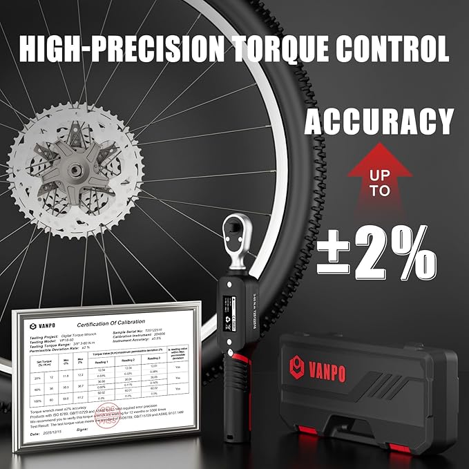 VANPO 3/8-Inch Digital Torque Wrench, 2.21–44.25 ft-lb/3–60 Nm, ±2% Accuracy, Electronic Torque Wrench with LCD Display,Audible & Color Feedback, Data Storage for Car Motorcycle & Mechanical Repair