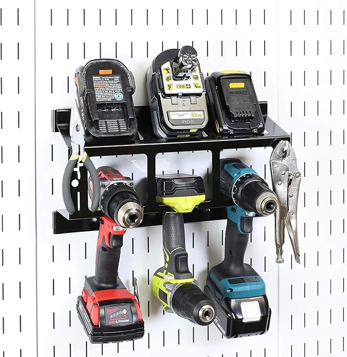 Wall Control Drill Holder Power Tool Storage Rack - Compact Impact Drill Battery Power Tool Pegboard Organizer Pegboard (Black)