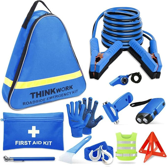 THINKWORK Car Emergency Kit for Teen Boy and Men's Gifts, Blue Emergency Roadside Assistance kit with 10FT Jumper, First Aid Kit, Safety Hammer, Tow Rope, and More Ideal Blue Car Accessories Tool