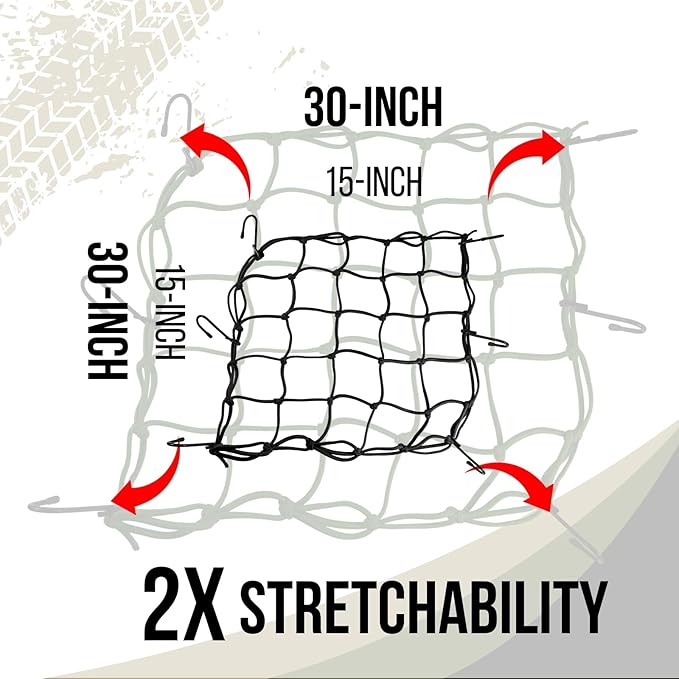 2 Pack Small Cargo Net for Motorcycle, Bike, ATV, UTV, 15"x15" Elastic Bungee Mesh Net with Hooks, Secure Gears, Helmet, Luggage, Stretch up to 30"x30"