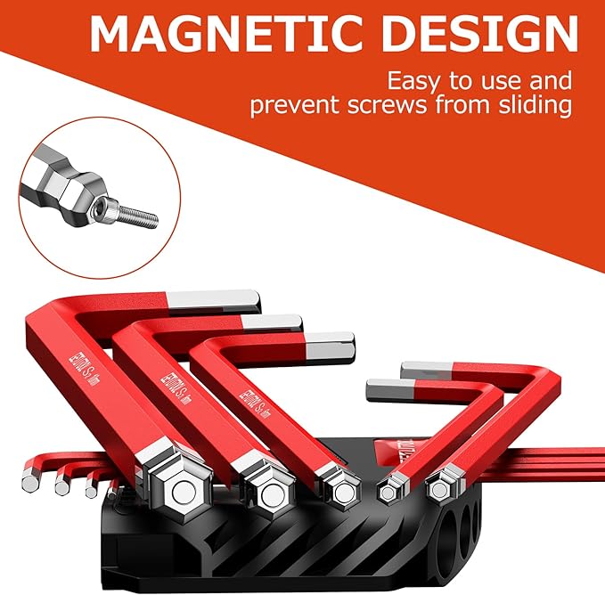GETLITOOL 18PCS Magnetic Allen Key Set, S2 Steel Long Allen Wrench Set Metric(1.5mm-10mm) & SAE(1/16"-3/8"), Ball End Hex Key L-key with Size-Marked & Torque Handle for Bike Repair, Household DIY