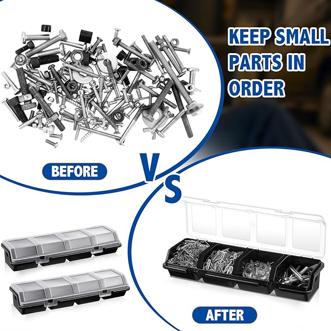 Hushee 6 Pcs Screw Organizer Box with Lid 4 Compartments Tool Bin Divider Plastic Stackable Hardware Organizer Small Part Storage Sorting Screw Box for Garage Workbench Craft Storage (Black)