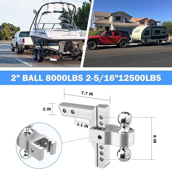 Adjustable Trailer Drop Hitch: 12,500 LBS GTW, 8" Drop Dual Ball for 2" and 2-5/16" - Fits 2 Inch Receiver, Heavy Duty Aluminum (Anti-Rattle) Silver