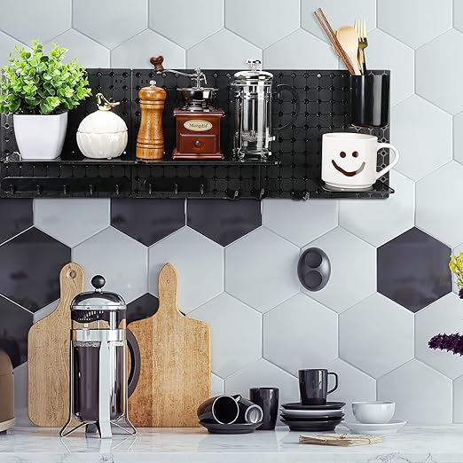 Chunful 58 Pcs Pegboard Organizer Kits Plastic Pegboard Wall Panel Mount Display Accessories Include Storage Boards Buckets and Hooks for Craft Room Garage Kitchen Office(Black)