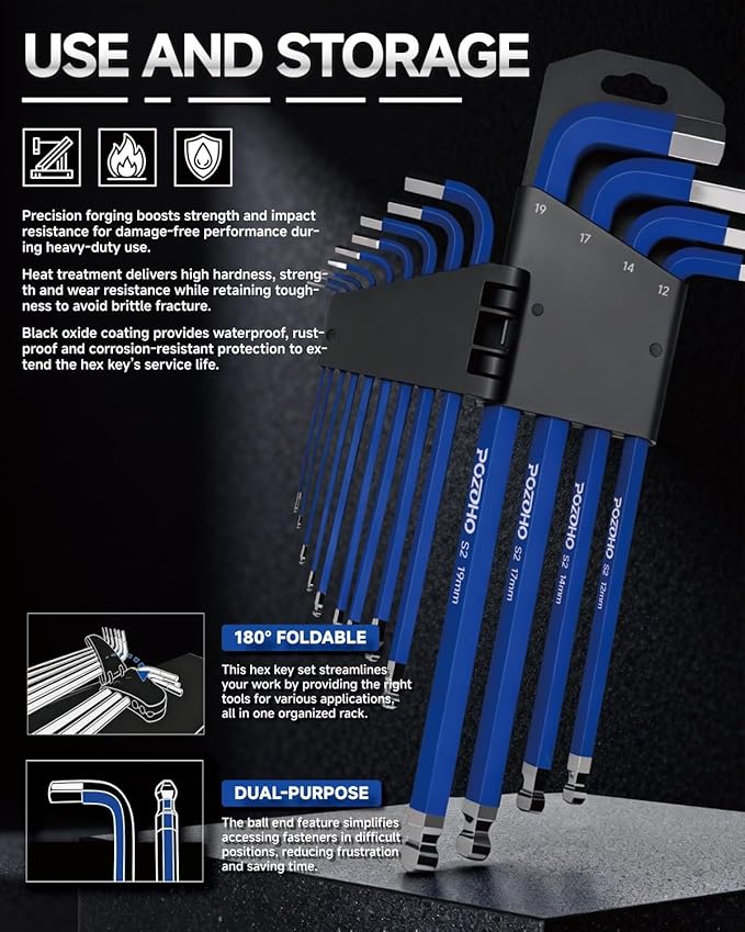 13-Piece Large Allen Wrench Set, Long Arm Ball End Hex Key Set, Metric 2mm-19mm Sizes, S2 Alloy Steel, Anti-Rust for Mechanic, Car & DIY, PTM01013P