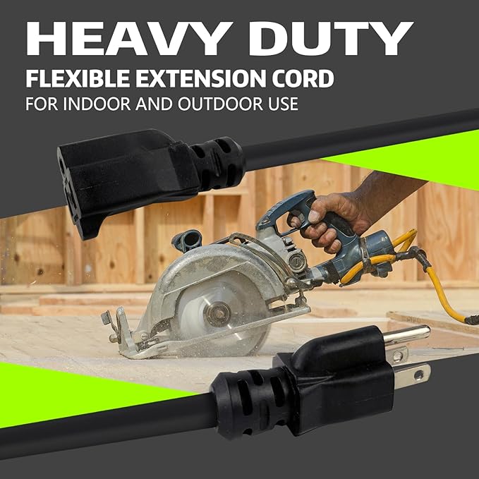 Indoor Outdoor Extension Cord, 12 Gauge 3 Prong Weatherproof Heavy Duty Black Extension Cords, 12/3 SJTW 15A 25 FT Extension Cable for Garage, Garden and Home, UL Listed