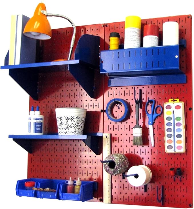 Wall Control Craft & Hobby Pegboard Organizer Storage Kit with Red Pegboard and Blue Accessories