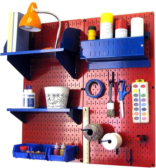 Wall Control Craft & Hobby Pegboard Organizer Storage Kit with Red Pegboard and Blue Accessories