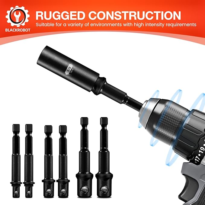 BLACKROBOT 6-Piece Impact Socket Adapter Set, 1/4" 3/8" 1/2" Drive, Hex Shank Drill Bits Adapter & Organizer for Automotive & DIY, Chrome Vanadium Steel with Black Phosphated Surface