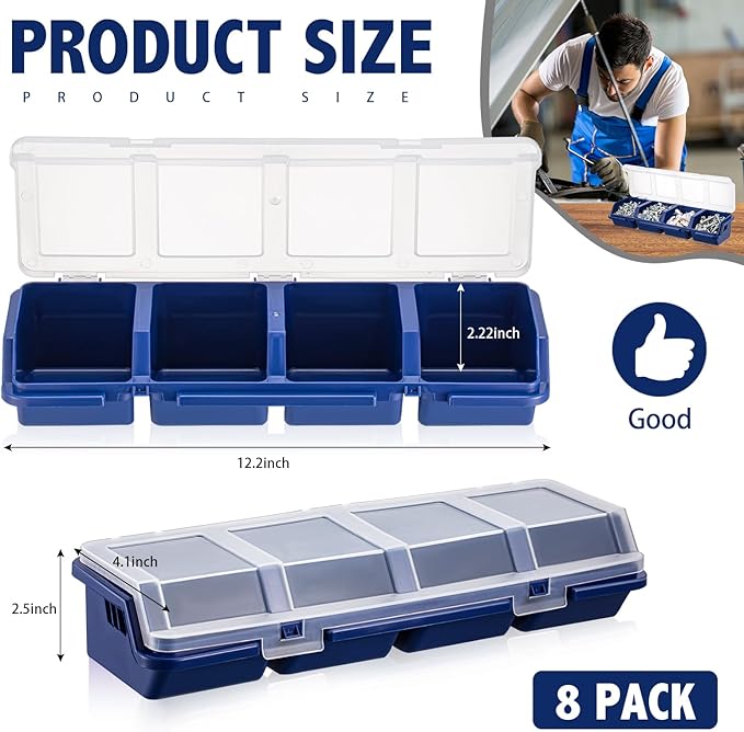 Hushee 8 Pcs Screw Organizer Box with Lid 4 Compartments Tool Bin Divider Plastic Stackable Hardware Organizer Small Part Storage Sorting Screw Box for Garage Workbench Craft Storage (Blue)