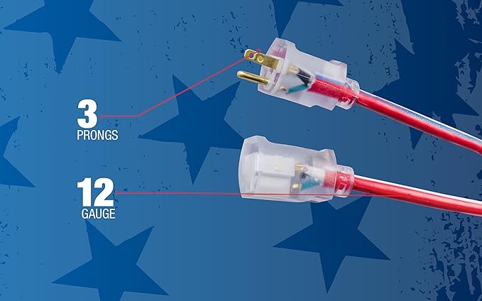 Southwire Heavy Duty Extension Cord, 50Ft, 12 Gauge, 3 Conductor, Outdoor Cord, Lighted End, SJTW, Red/White/Blue, 2548SWUSA1