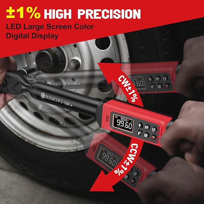 3/8-inch Digital Torque Wrench(1.5-99.6Ft.Lb/2-135Nm) ±1% Accuracy Digital Torque Wrench with Vibration, Buzzer,LED Notification and Five Units of Measure, for Motorcycle, Auto Repair