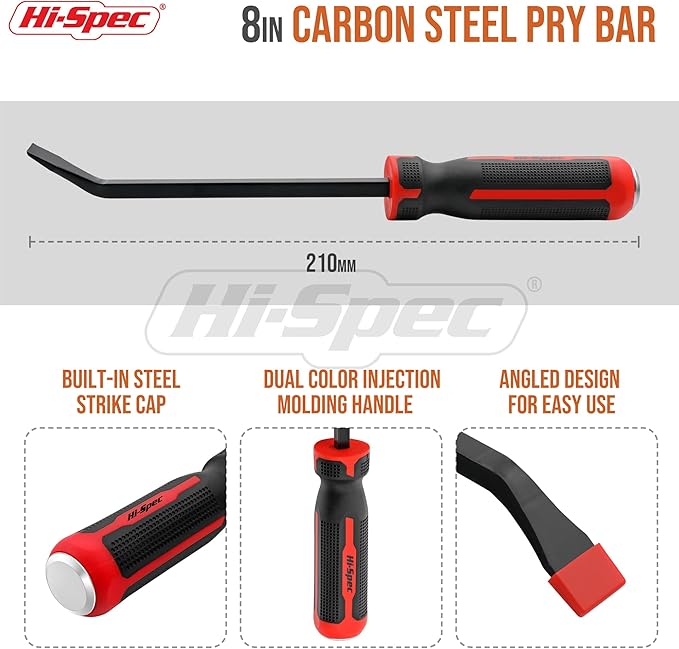 Hi-Spec Prybar Set: 1pc Short Small Steel Pry Bar. Ergonomic Non-Slip Handles with Heavy Duty Striking Cap for Wood, Tiles, Trim and Molding. 8" (0.6ft) / 0.2m Total Length.