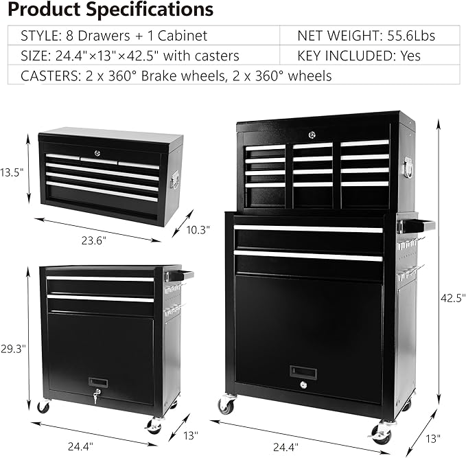 Rolling Tool Chest, 8-Drawer Rolling Tool Chest with Wheels, Large Tool Cabinet with Drawers, Mobile Steel Tool Storage Organizer with Lock&Liner for Warehouse, Workshop