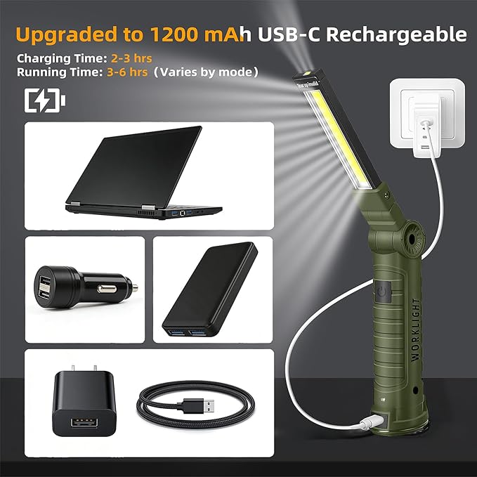 LED Work Light Rechargeable Flashlight, Tool Gifts for Fathers Day Dad Hubby Men Him Husband Mechanic Torch Grill Light Inspection Lamp Magnetic Base 5 Modes 360° Rotate Car Emergency Repair Green