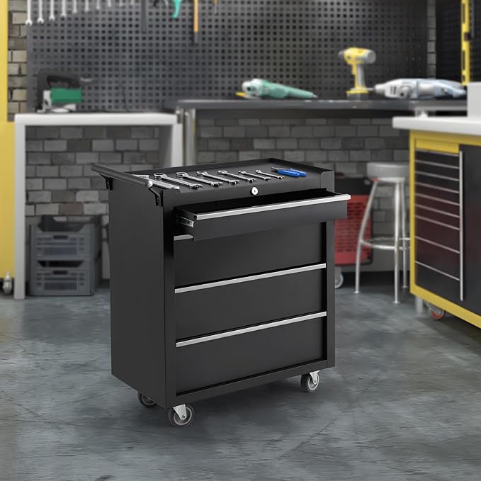 GarveeLife 4-Drawer Tool Box 24" Garage Tool Box with Key Lock and Removable Drawer Liners, Wheeled Design, Suitable for Garages, Warehouses, Workshops, and Repair Shops - Black