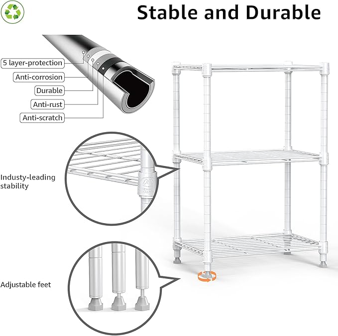 M MZG 450 lbs Wire Storage Shelving 3-Tier Utility Shelving Unit Steel Organizer Wire Rack for Home,Kitchen,Office,White (11.8" D x 17.7" W x 26.4" H)