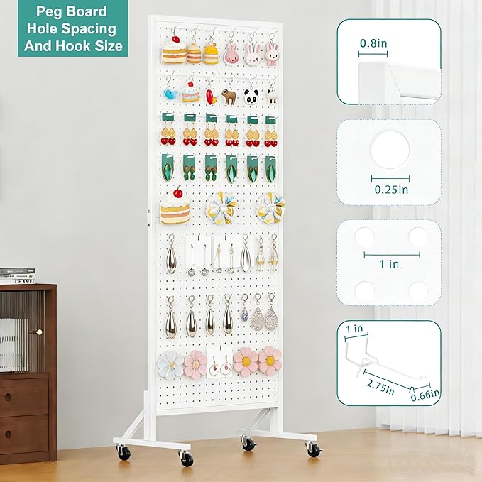 Peg Board Display Stand 24" X70” Metal Pegboard on Wheels Heavy Duty Standing Rack Organizer Panels Units with 30 Hooks and T-Base for Ornament Retail & Vendors Craft Show Store Display