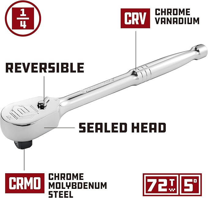 Powerbuilt 1/4 Inch Drive Sealed Head Ratchet, 72 Tooth, Reversible Switch, 5 Degree Swing, Spiral Contour Handle - 649930