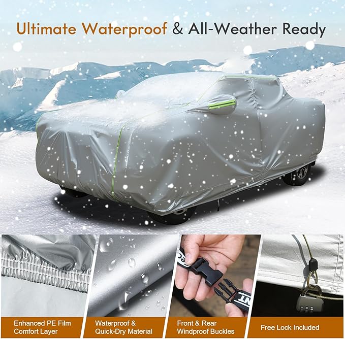 Tecoom Truck Cover Waterproof All Weather with Zipper Door & Lock, Windproof Sun Rain Snow Protection Full Pickup Covers Fit for Ford F150, Ram 1500, Chevy Silverado, Toyota Tundra (Up to 212 Inches)