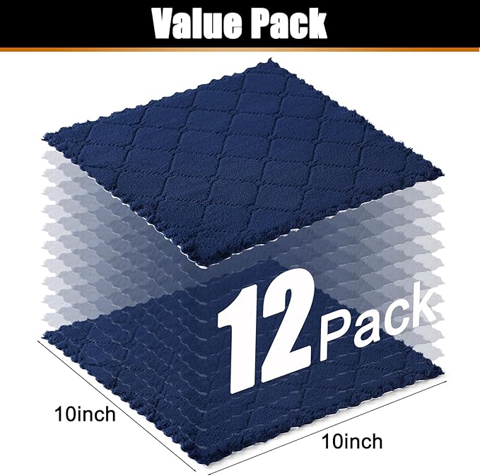 Mordimy 12 Pack Kitchen Cloths Dish Towels (10" x 10", Navy Blue & White), Super Soft and Absorbent Dish Cloths, Coral Velvet Microfiber Cleaning Cloth, Nonstick Oil Fast Dry Dishcloths