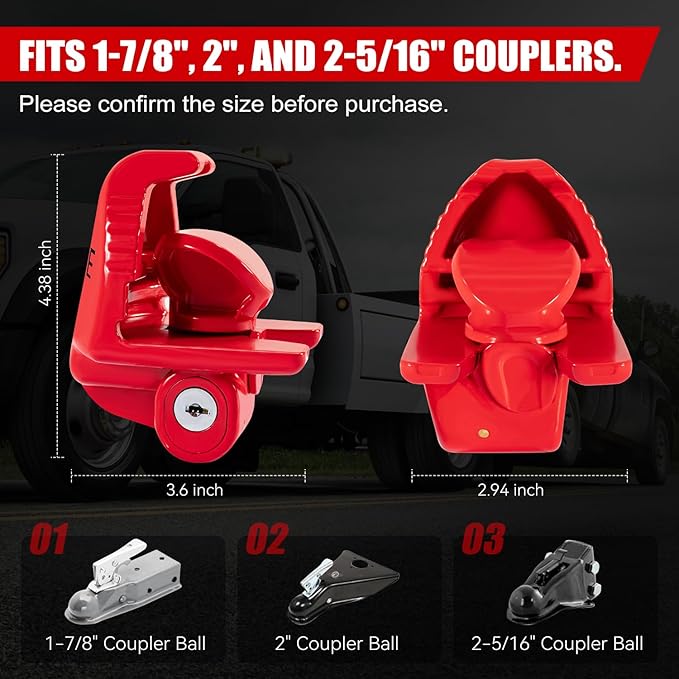 Trailer Hitch Locks with Keys, Trailer Lock Fit 1-7/8", 2", and 2-5/16" Couplers, Universal Accessories for Truck Vehicles, Boat and Rv, Heavy-Duty Steel, Red