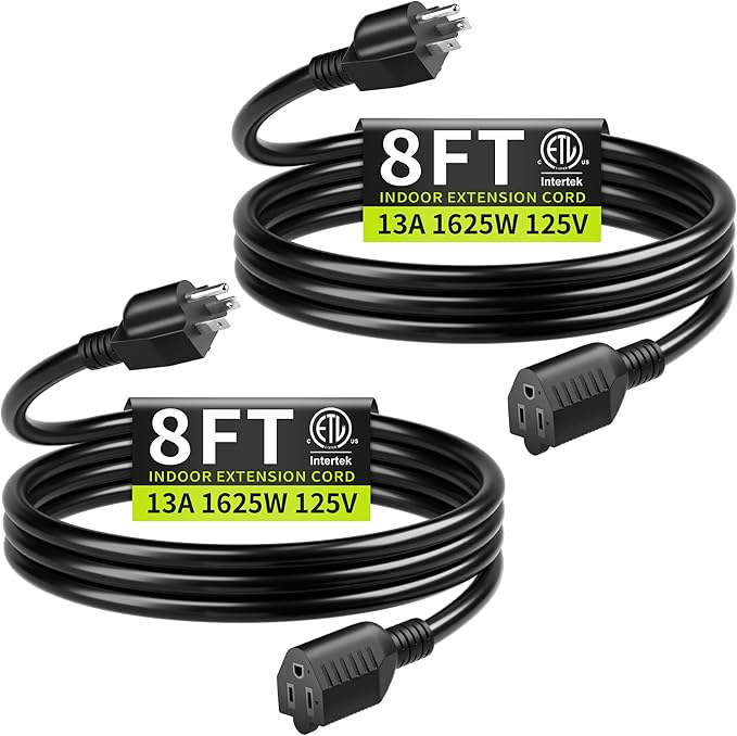 16/3 Black Extension Cord 8 FT (2Pack), Indoor Extension Cord for Laptops, Coffee Makers, Office Home Appliances, 3 Prong Resistant Cable Flexible, 13A 125V 1625W ETL Listed