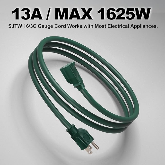 EP 50FT Green Outdoor Extension Cord, 16/3 SJTW Heavy Duty Waterproof, 3 Prong Grounded Plug, 13A 1625W 16AWG, Cold-Resistant Flexible Power Cable for Garden, Home, Christmas Lights